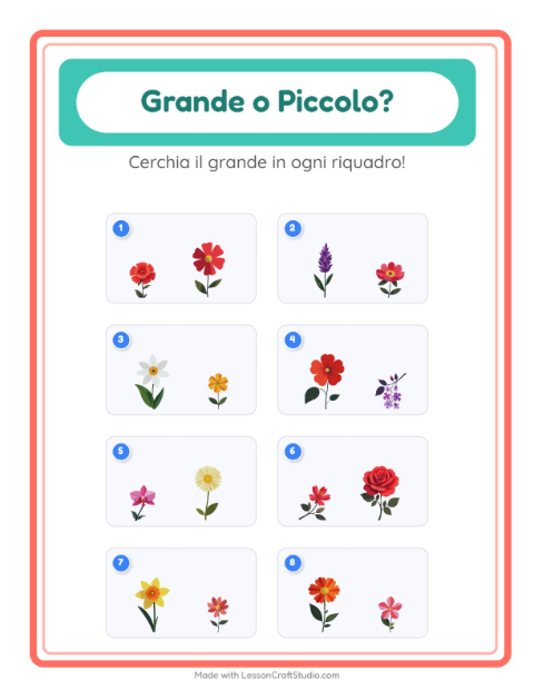 Anteprima della scheda di Grande O Piccolo con Fiori per Scuola dell'infanzia (3-5 anni)