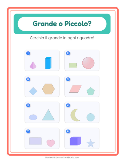 Anteprima della scheda di Grande O Piccolo con Forme per Scuola dell'infanzia (3-5 anni)