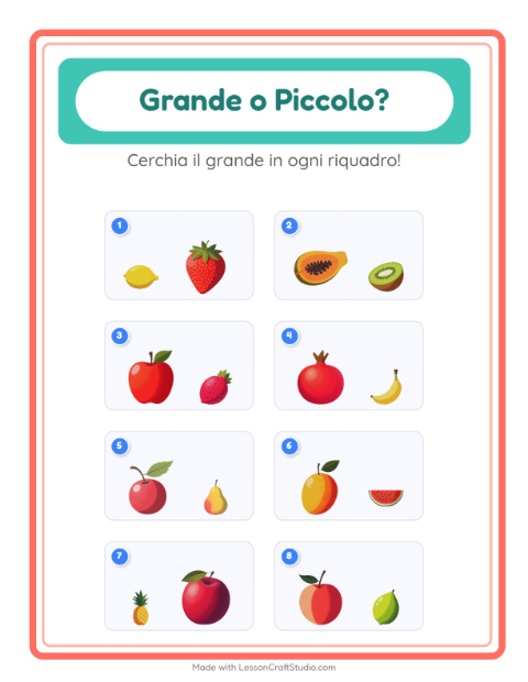Anteprima della scheda di Grande O Piccolo con Frutta per Scuola dell'infanzia (3-5 anni)