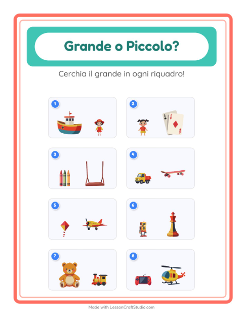 Anteprima della scheda di Grande O Piccolo con Giocattoli per Scuola dell'infanzia (3-5 anni)