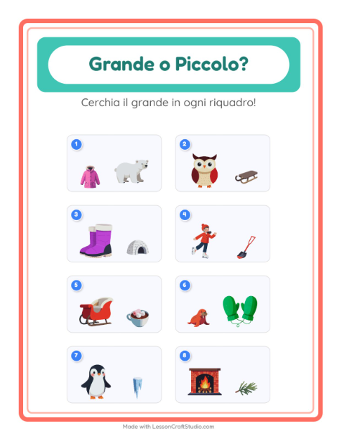 Anteprima della scheda di Grande O Piccolo con Inverno per Scuola dell'infanzia (3-5 anni)