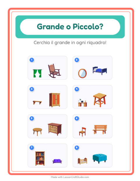 Anteprima della scheda di Grande O Piccolo con Mobili per Scuola dell'infanzia (3-5 anni)