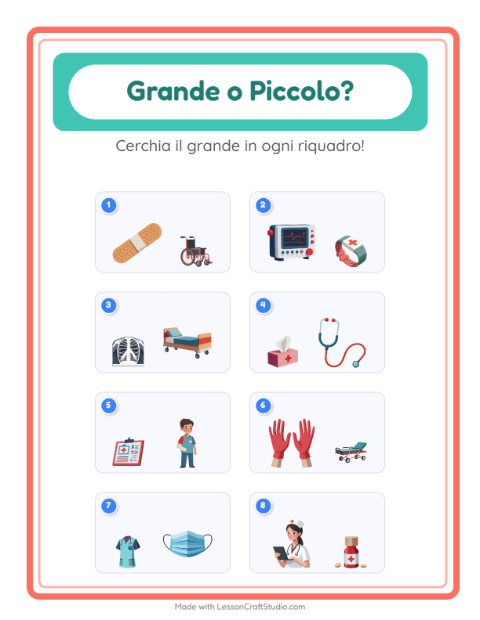 Anteprima della scheda di Grande O Piccolo con Ospedale per Scuola dell'infanzia (3-5 anni)