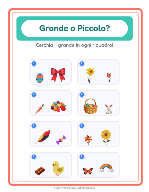 Anteprima della scheda di Grande O Piccolo con Pasqua per Scuola dell'infanzia (3-5 anni)
