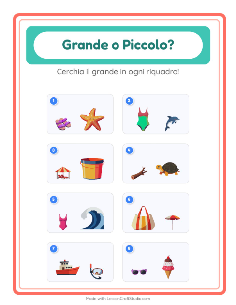 Anteprima della scheda di Grande O Piccolo con Spiaggia per Scuola dell'infanzia (3-5 anni)