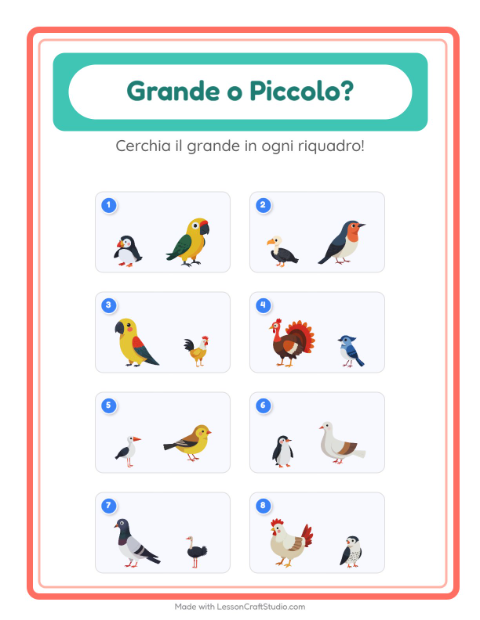 Anteprima della scheda di Grande O Piccolo con Uccelli 2 per Scuola dell'infanzia (3-5 anni)