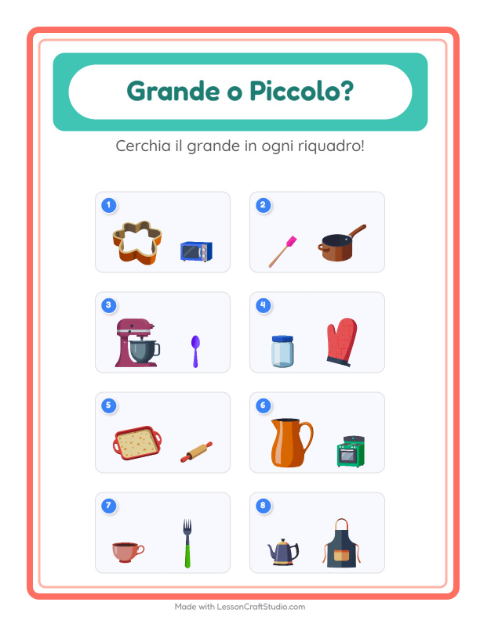 Anteprima della scheda di Grande O Piccolo con Utensili da cucina per Scuola dell'infanzia (3-5 anni)