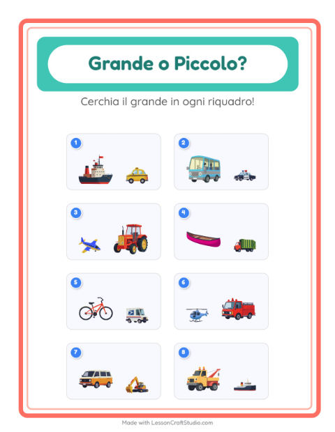 Anteprima della scheda di Grande O Piccolo con Veicoli per Scuola dell'infanzia (3-5 anni)