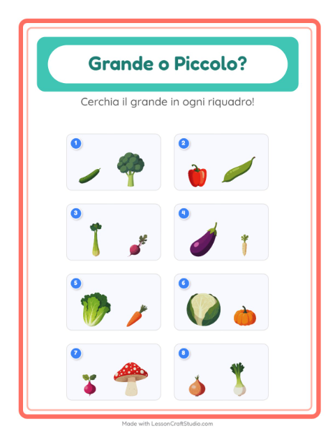 Anteprima della scheda di Grande O Piccolo con Verdure per Scuola dell'infanzia (3-5 anni)