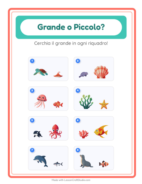 Anteprima della scheda di Grande O Piccolo con Vita oceanica per Scuola dell'infanzia (3-5 anni)