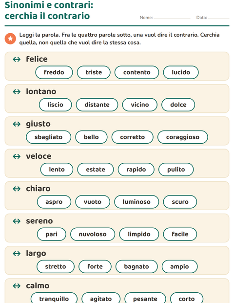 Anteprima della scheda di I contrari per Scuola primaria classe prima