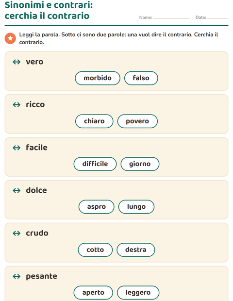 Anteprima della scheda di I contrari per Scuola primaria classe prima