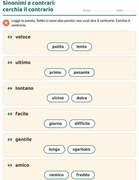 Anteprima della scheda di I contrari per Scuola primaria classe prima