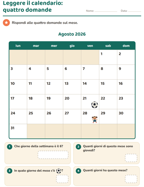 Leggere il calendario: quattro domande e le caselle grandi
