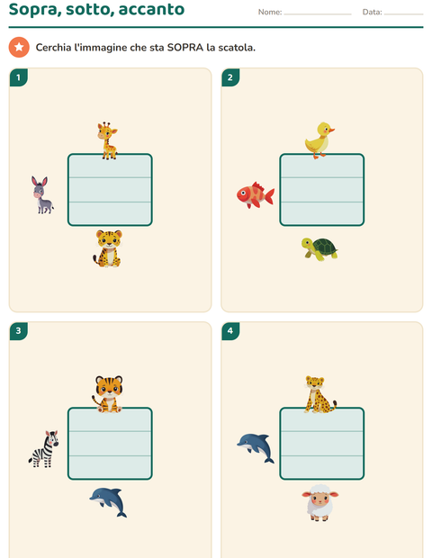 Anteprima della scheda di Indicatori spaziali con Animali per Scuola dell'infanzia (5-7 anni)