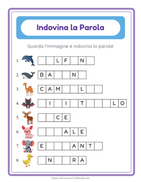 Anteprima della scheda di Indovina La Parola con Animali per Scuola dell'infanzia (5-7 anni)