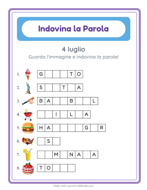 Anteprima della scheda di Indovina La Parola con 4 luglio per Scuola dell'infanzia (5-7 anni)