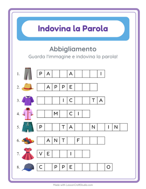 Anteprima della scheda di Indovina La Parola con Abbigliamento per Scuola dell'infanzia (5-7 anni)