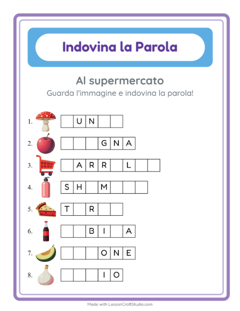 Anteprima della scheda di Indovina La Parola con Al supermercato per Scuola dell'infanzia (5-7 anni)