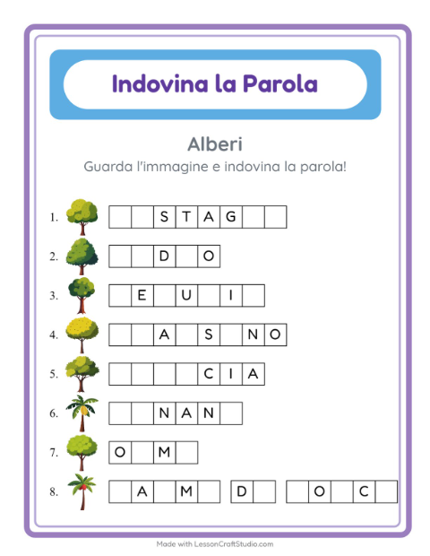Anteprima della scheda di Indovina La Parola con Alberi per Scuola dell'infanzia (5-7 anni)