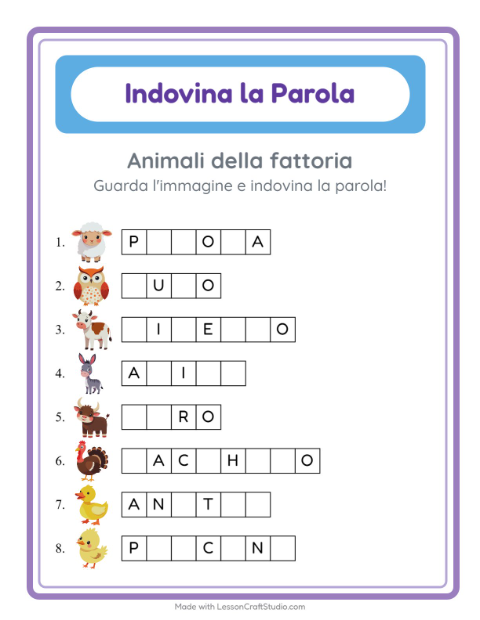 Anteprima della scheda di Indovina La Parola con Animali della fattoria per Scuola dell'infanzia (5-7 anni)