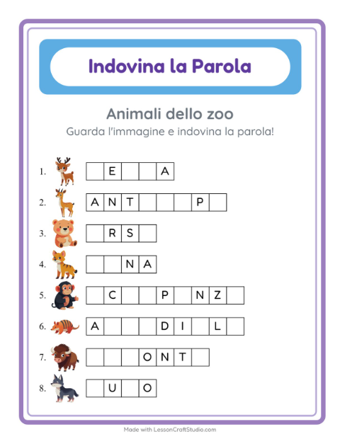 Anteprima della scheda di Indovina La Parola con Animali dello zoo per Scuola dell'infanzia (5-7 anni)