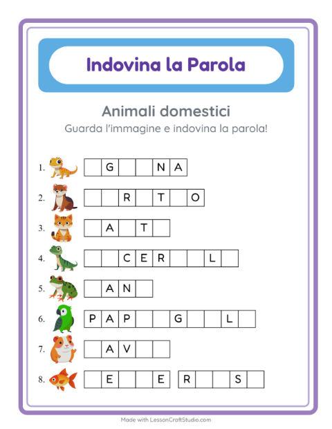 Anteprima della scheda di Indovina La Parola con Animali domestici per Scuola dell'infanzia (5-7 anni)