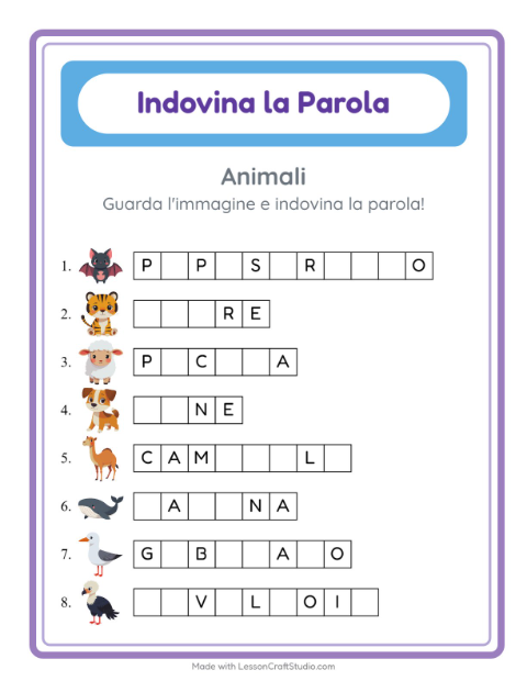 Completa le parole – Animali