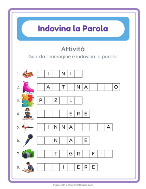 Anteprima della scheda di Indovina La Parola con Attività per Scuola dell'infanzia (5-7 anni)