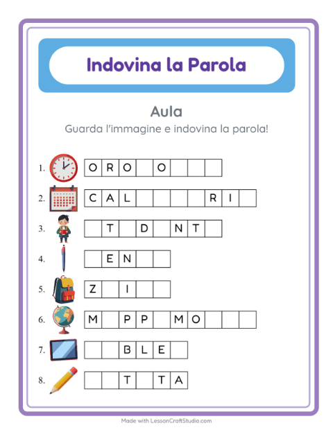 Anteprima della scheda di Indovina La Parola con Aula per Scuola dell'infanzia (5-7 anni)