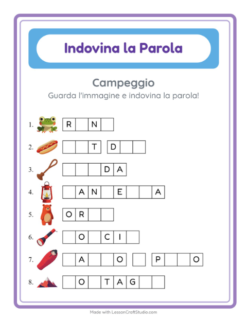 Anteprima della scheda di Indovina La Parola con Campeggio per Scuola dell'infanzia (5-7 anni)