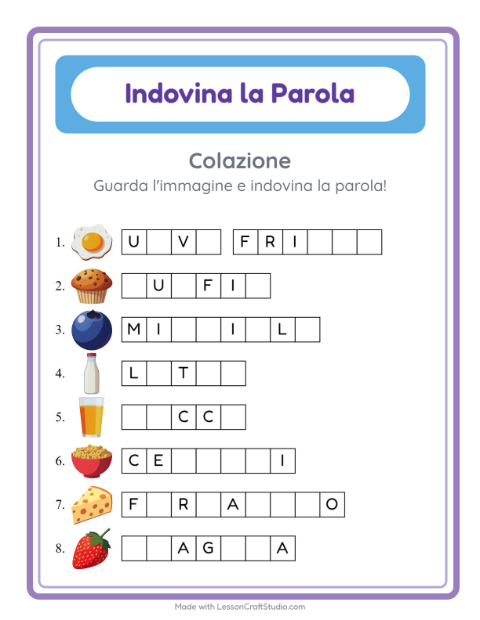 Anteprima della scheda di Indovina La Parola con Colazione per Scuola dell'infanzia (5-7 anni)
