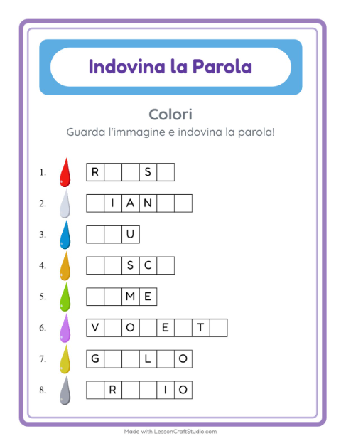 Anteprima della scheda di Indovina La Parola con Colori per Scuola dell'infanzia (5-7 anni)