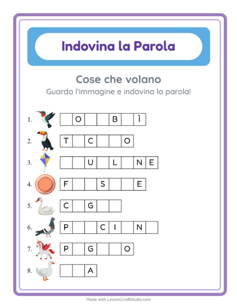 Anteprima della scheda di Indovina La Parola con Cose che volano per Scuola dell'infanzia (5-7 anni)