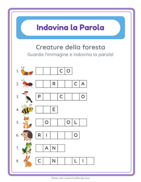 Anteprima della scheda di Indovina La Parola con Creature della foresta per Scuola dell'infanzia (5-7 anni)