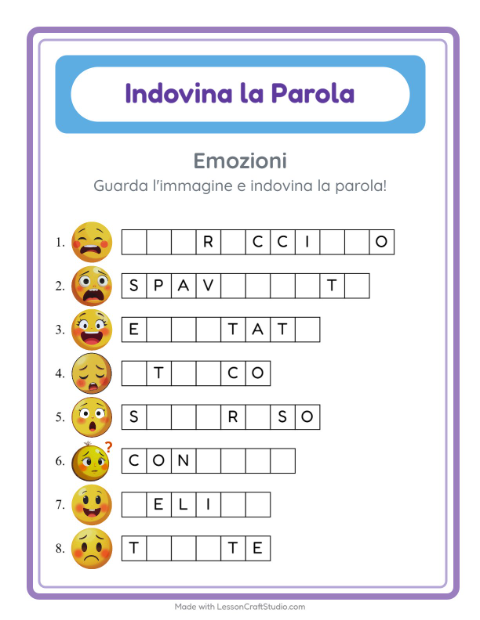 Anteprima della scheda di Indovina La Parola con Emozioni per Scuola dell'infanzia (5-7 anni)