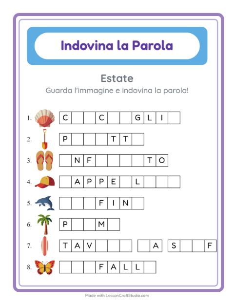 Anteprima della scheda di Indovina La Parola con Estate per Scuola dell'infanzia (5-7 anni)