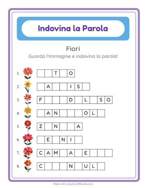 Anteprima della scheda di Indovina La Parola con Fiori per Scuola dell'infanzia (5-7 anni)