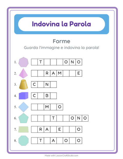 Anteprima della scheda di Indovina La Parola con Forme per Scuola dell'infanzia (5-7 anni)