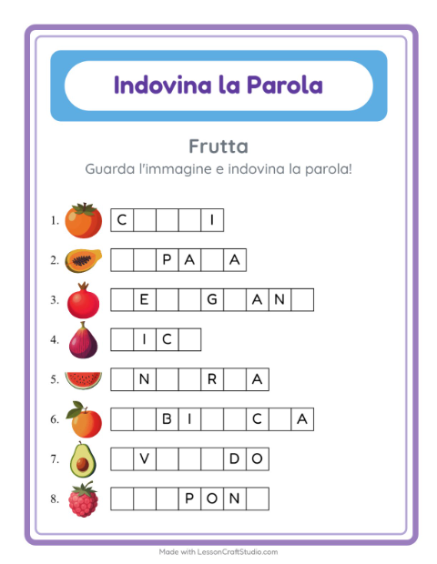 Anteprima della scheda di Indovina La Parola con Frutta per Scuola dell'infanzia (5-7 anni)