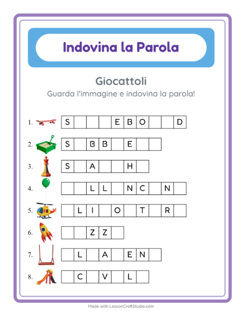 Anteprima della scheda di Indovina La Parola con Giocattoli per Scuola dell'infanzia (5-7 anni)