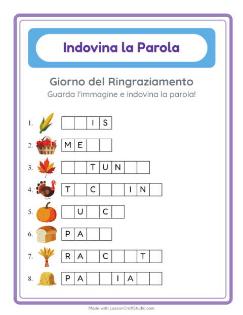 Anteprima della scheda di Indovina La Parola con Giorno del Ringraziamento per Scuola dell'infanzia (5-7 anni)