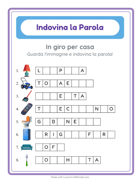 Anteprima della scheda di Indovina La Parola con In giro per casa per Scuola dell'infanzia (5-7 anni)