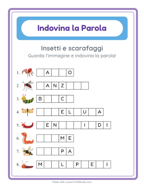Anteprima della scheda di Indovina La Parola con Insetti e scarafaggi per Scuola dell'infanzia (5-7 anni)