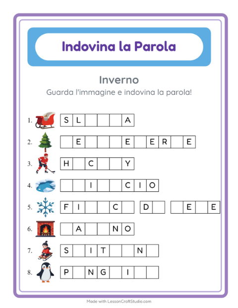 Anteprima della scheda di Indovina La Parola con Inverno per Scuola dell'infanzia (5-7 anni)