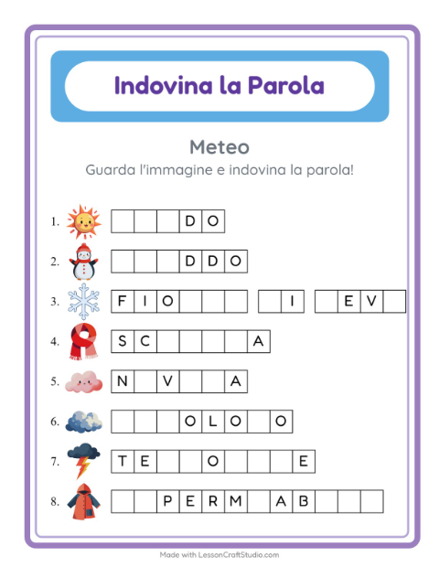 Anteprima della scheda di Indovina La Parola con Meteo per Scuola dell'infanzia (5-7 anni)