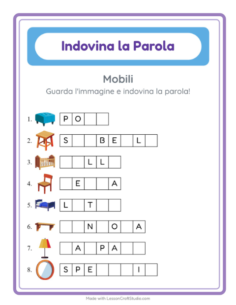 Anteprima della scheda di Indovina La Parola con Mobili per Scuola dell'infanzia (5-7 anni)