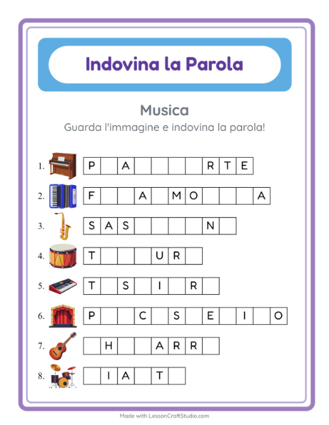 Anteprima della scheda di Indovina La Parola con Musica per Scuola dell'infanzia (5-7 anni)
