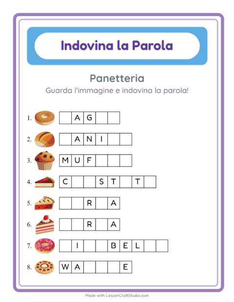 Anteprima della scheda di Indovina La Parola con Panetteria per Scuola dell'infanzia (5-7 anni)