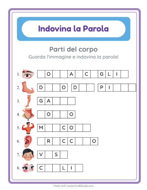 Anteprima della scheda di Indovina La Parola con Parti del corpo per Scuola dell'infanzia (5-7 anni)